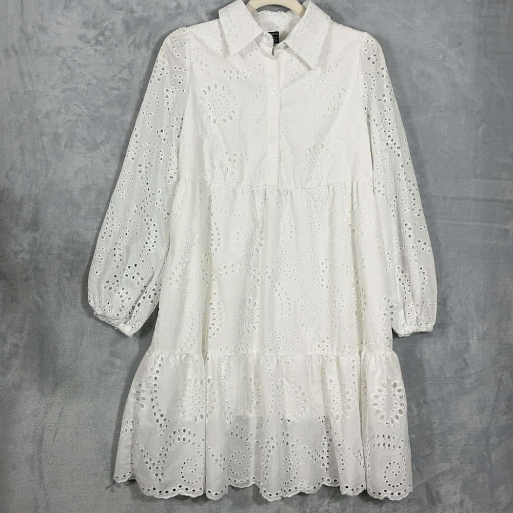 Coquette Midi Dress Tiered Eyelet M White Lined Cottagecore Modest Long‎ Sleeve